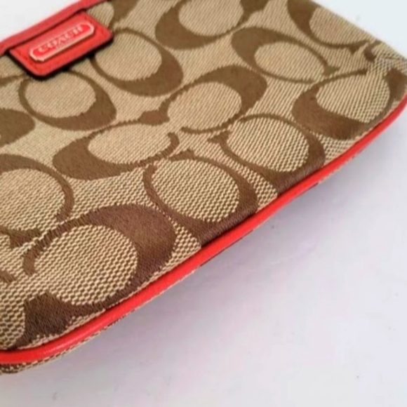 Coach Fabric Wristlet Canvas and Leather Khaki and Red 6"W x 4"H - Picture 7 of 7